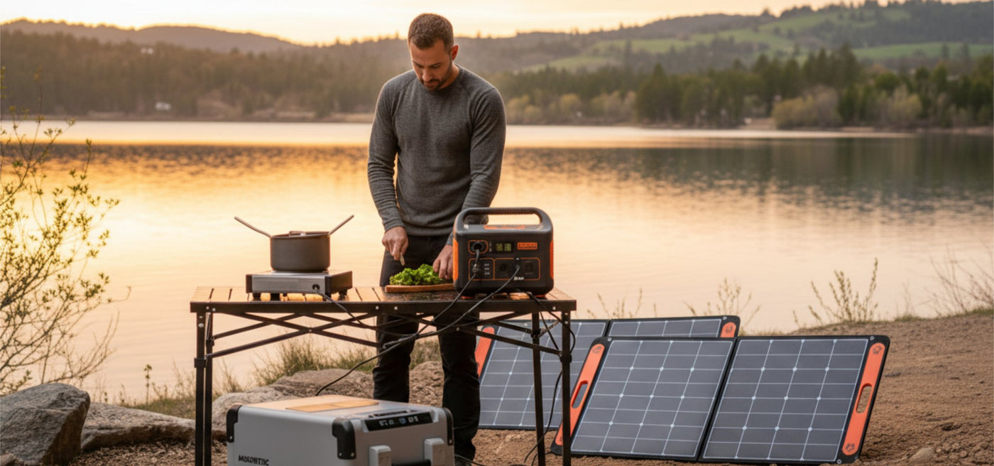 Person preparing a meal next to a portable power station with solar panels and a cooler, by a lake at sunset.