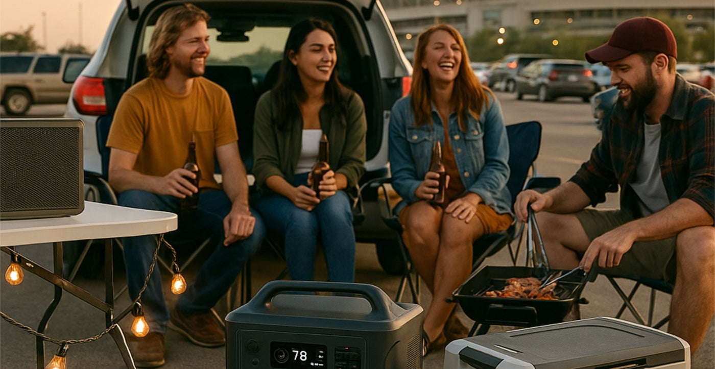 Group of friends sitting with drinks, using a power station to power a cooler, speaker, and lights, enjoying a casual outdoor gathering.