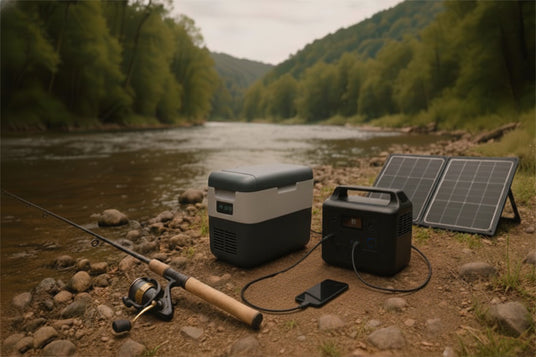 Portable power station with solar panel, cooler and fishing equipment by a river