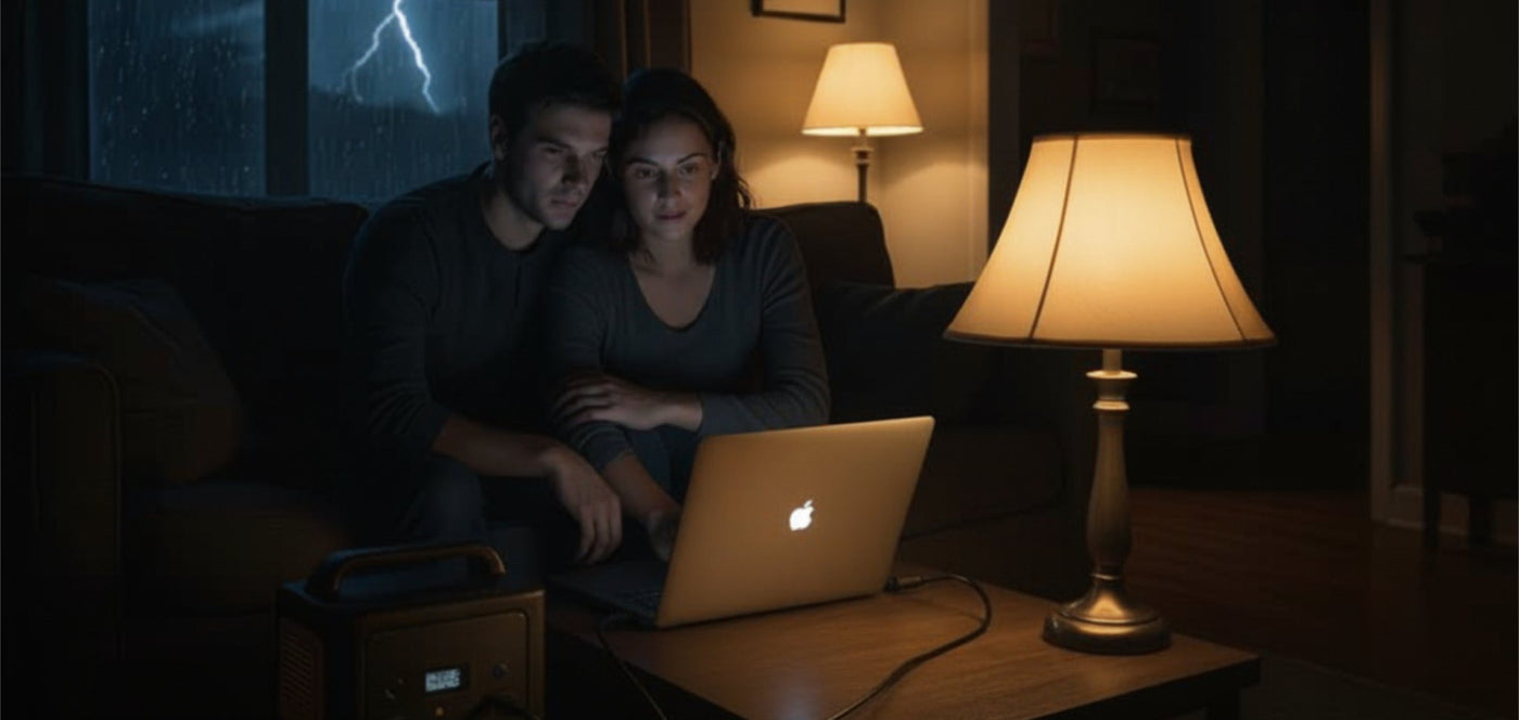 Two people at home in a storm, with a few lights on, looking at a laptop computer, and supported by a power station.