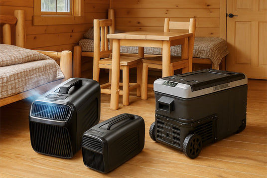 Portable coolers and fans in a wooden cabin interior.