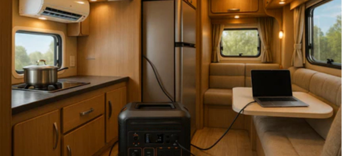 Interior of a camper van with kitchen setup, laptop on a table, and power station.