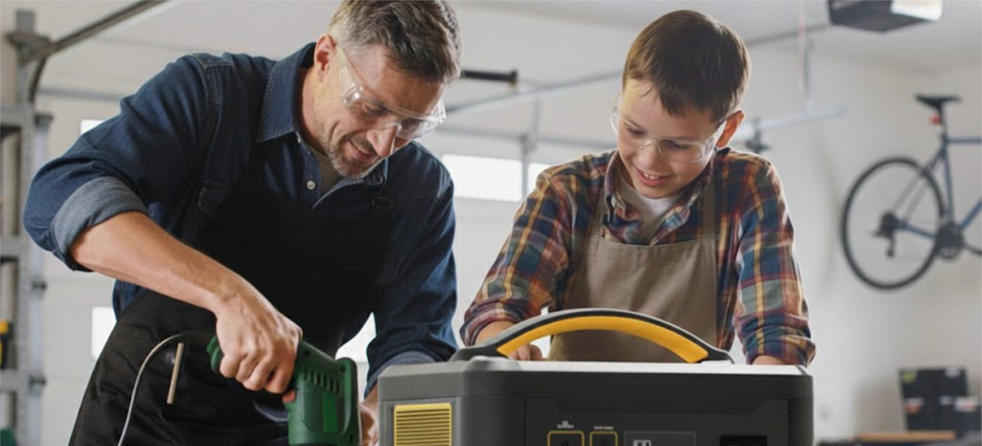 Man and young boy working in a workshop setting using a power station.