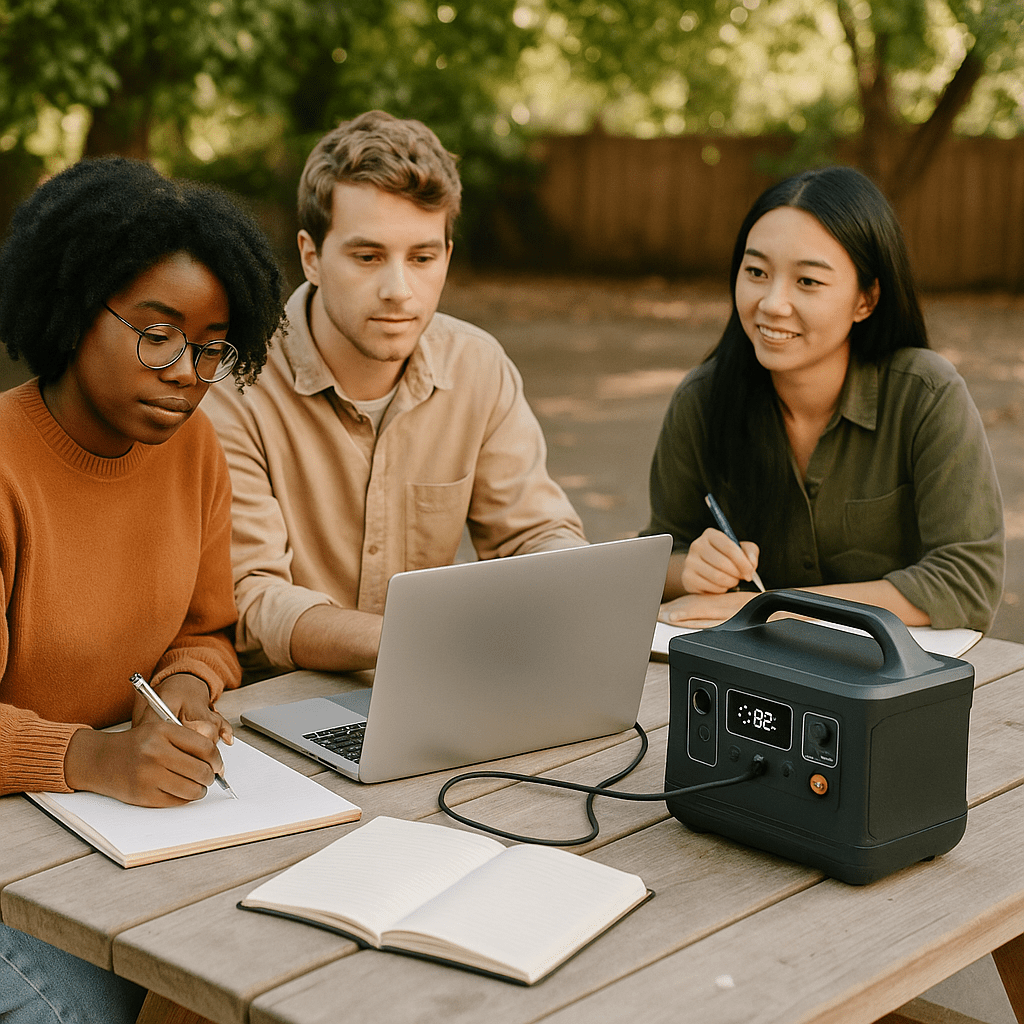Three people are outside studying with pens, paper, a book, a computer and a portable solar power station.
