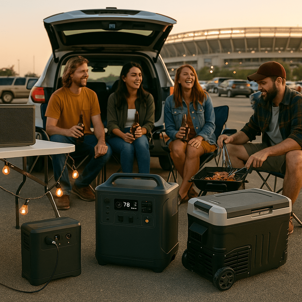 Four people at an open car gate, having fun with a small grill, fridge, music system and lights powered by a portable solar power station.
