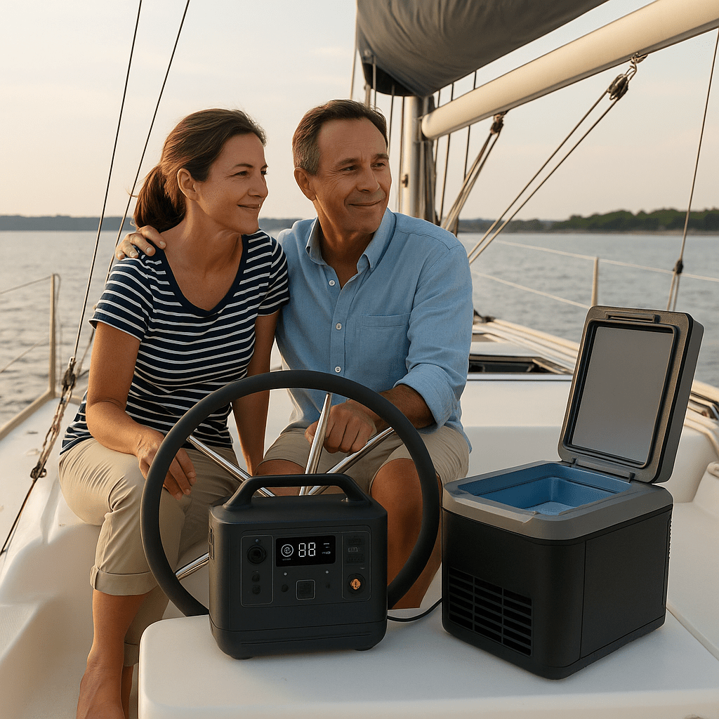 A woman and a man in a sailboat with a mini fridge and a small portable solar power station.