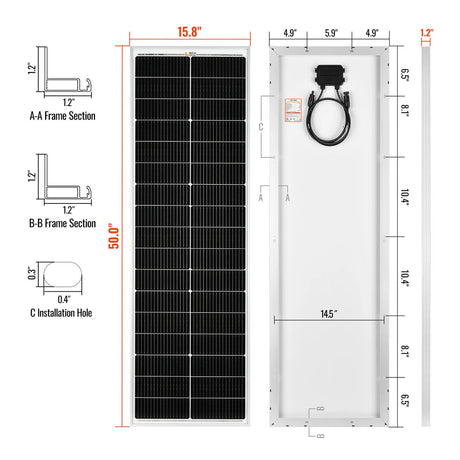 MEGA 100 SLIM | 100 Watt Slim Solar Panel | Compact 12V Off-Grid Narrow Solar Panel for Vans, Overlanders, Boats | 25-Year Output Warranty | UL Certified