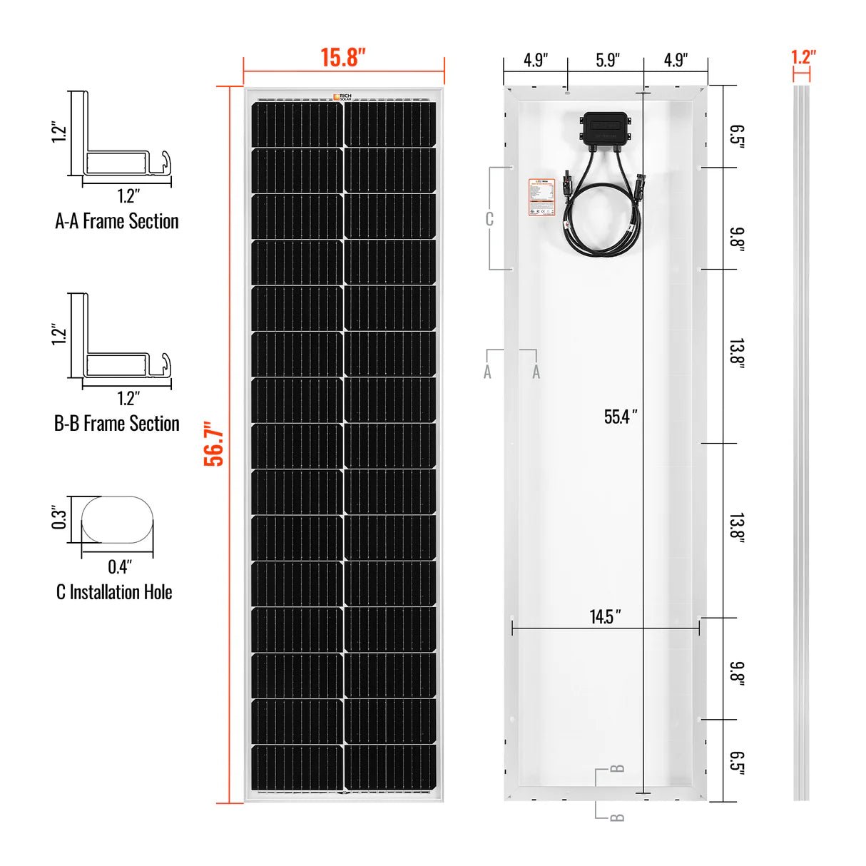 MEGA 100 SLIM SLX | 100 Watt Slim Solar Panel | Compact 12V Off-Grid Narrow Solar Panel for Campers, Overlanders, Boats | 25-Year Output Warranty | UL Certified