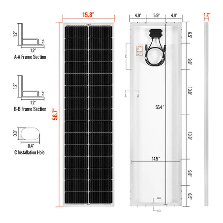 MEGA 100 SLIM SLX | 100 Watt Slim Solar Panel | Compact 12V Off-Grid Narrow Solar Panel for Campers, Overlanders, Boats | 25-Year Output Warranty | UL Certified