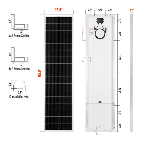 MEGA 130 SLIM | 130 Watt Slim Solar Panel | Compact 12V Narrow Panel for Vans, Campers, Boats | UL Certified
